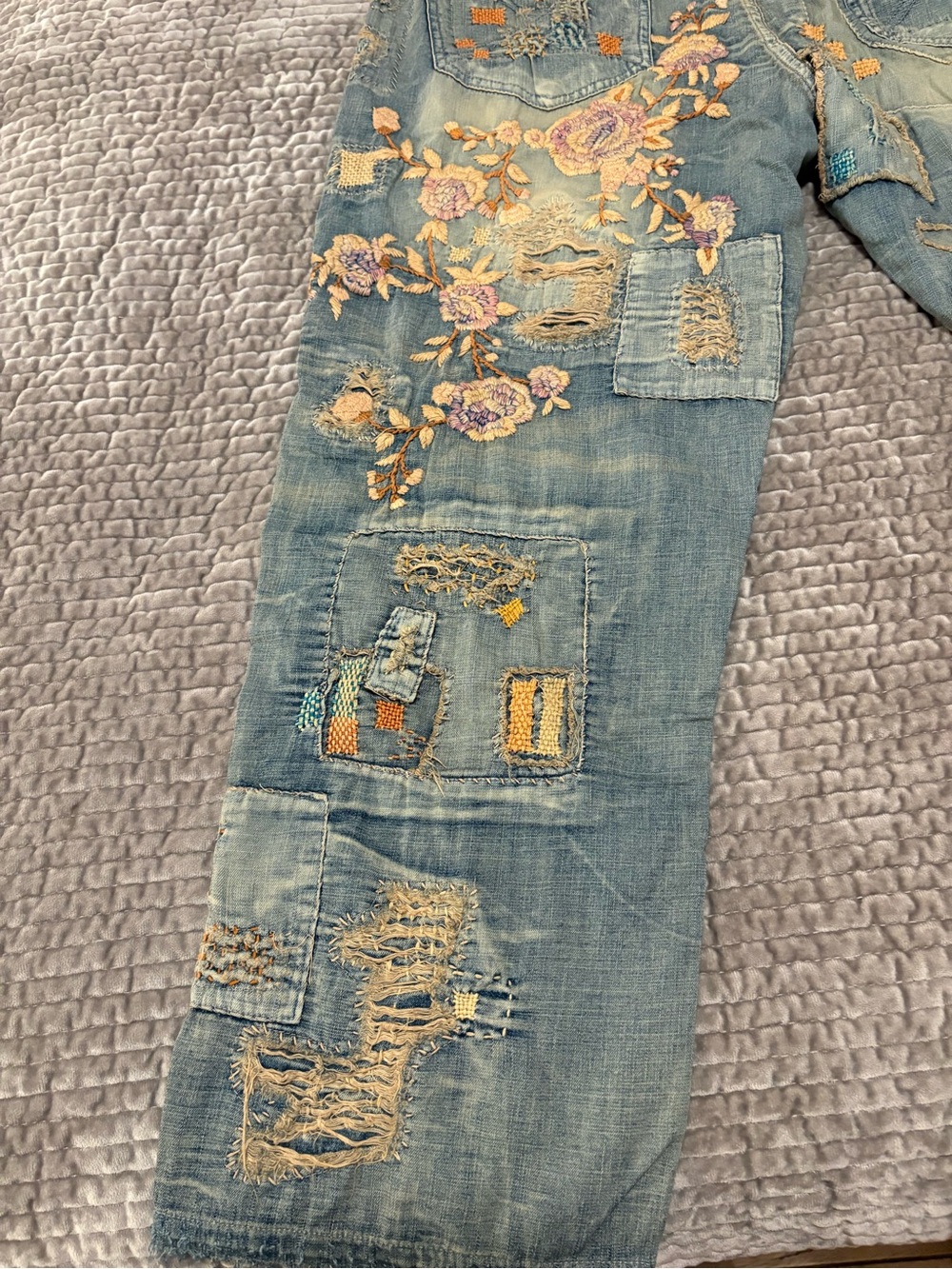 Magnolia Pearl Embroidered Patchwork Blue Jeans with Pink & Cream Florals - Picture 8 of 16
